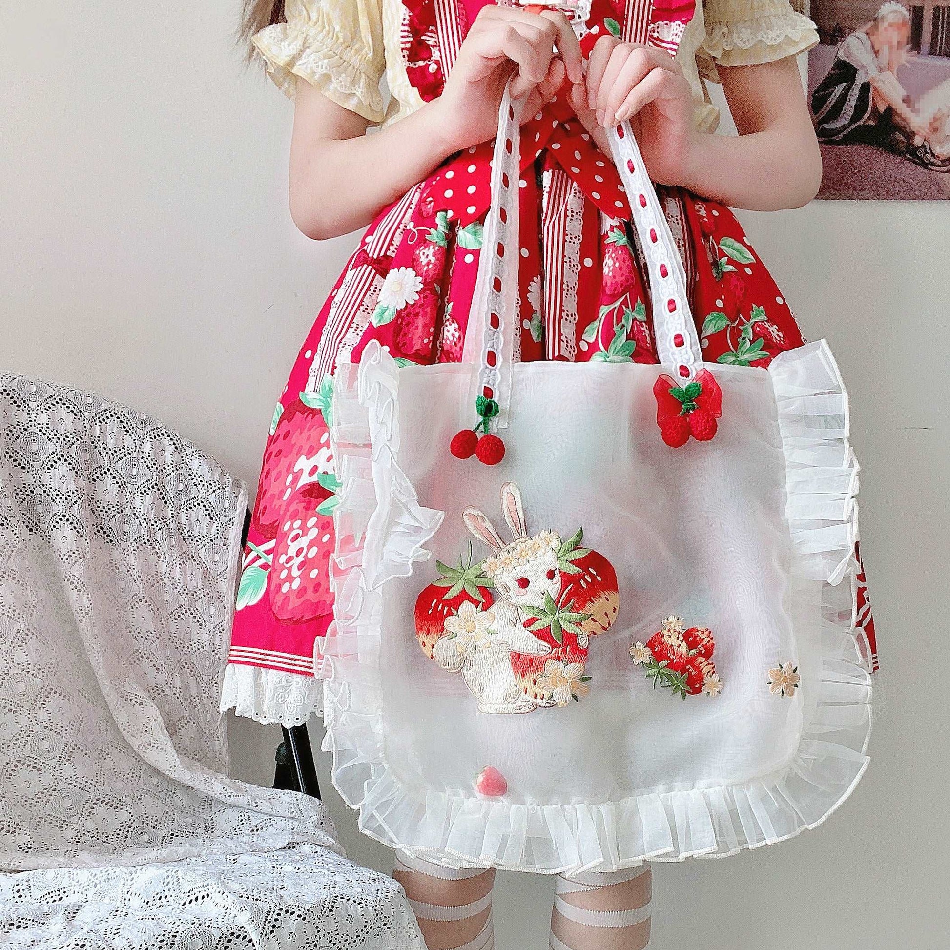 Cute Embroidery Strawberry Bunny Rabbit Cherry Messenger Shoulder Tote Bag