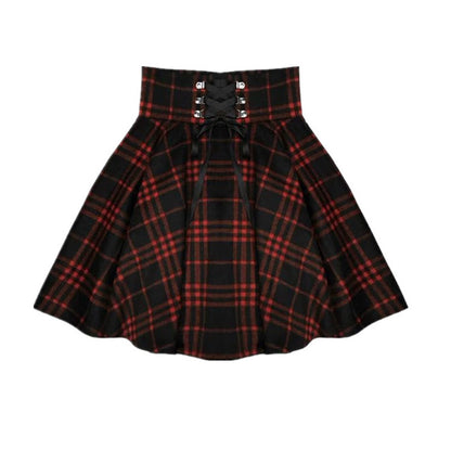 Plus Size Gray & Red High Waist Strap Black Tartan Pattern Umbrella Skirt