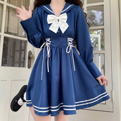 Sweet Girl Sailor Collar Navy Blue & White Bow Dress