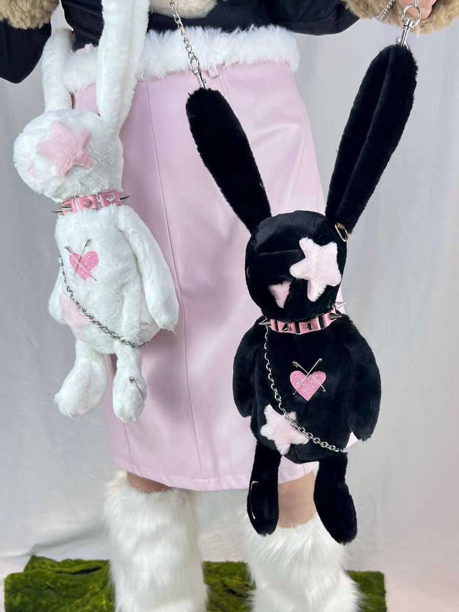 Black White Rabbit Doll Cute Plush Chain Star Love Collar Coin Purse Bag