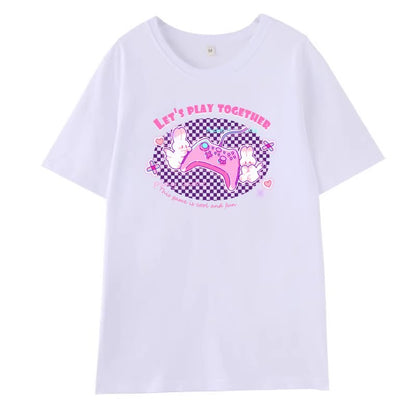 Let's Play Together Rabbit Black White Print Cotton Short Sleeved Oversize T-shirt