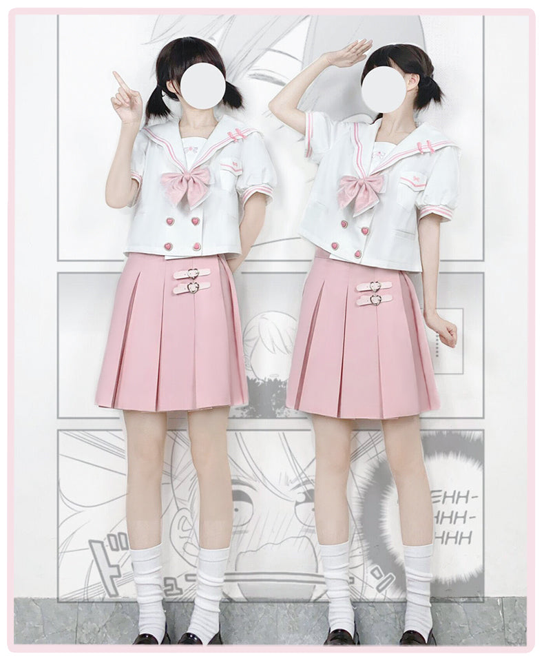 Japanese School Girl Cosplay Sailor Uniform Sakura Pink White Top & Skirt Two Piece Set