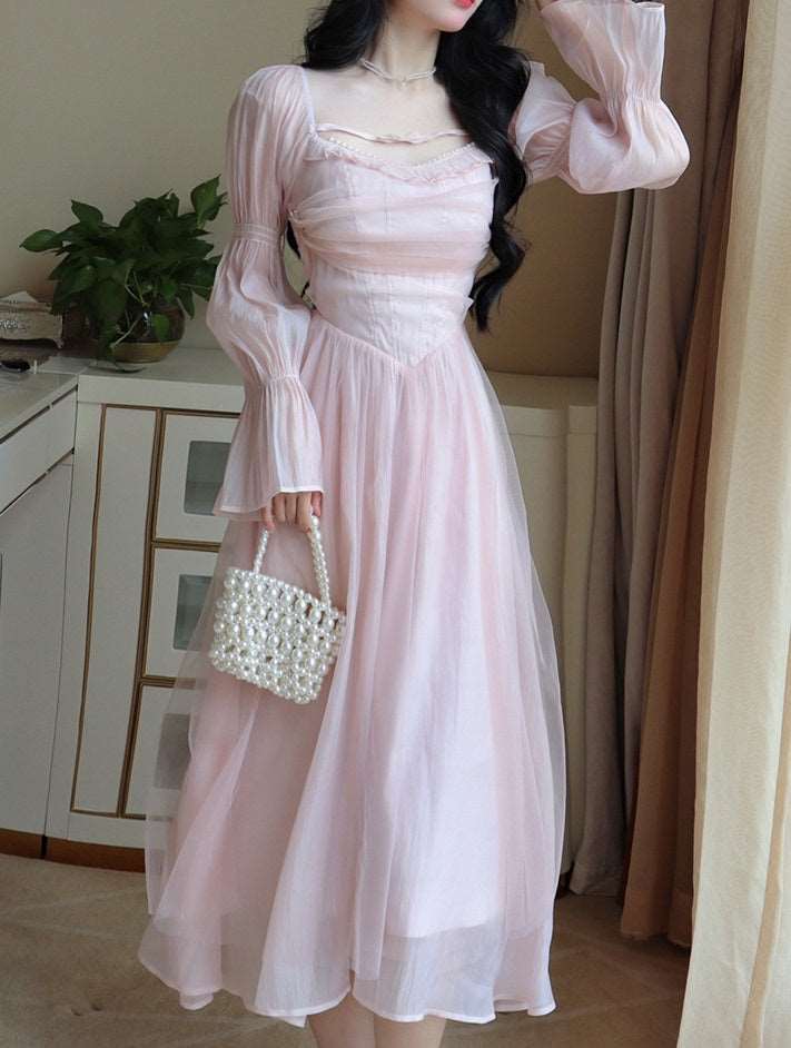 French Elegant Classic High Waist Bow Lace Puff Pearl Princess Tulle Pink Dress