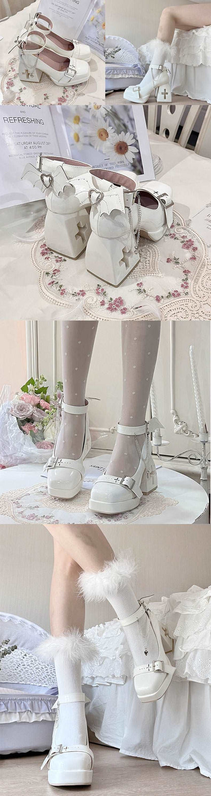 Punk Devil Wings Cross Heart Silver Chains Japanese High Heels Mary Jane Shoes