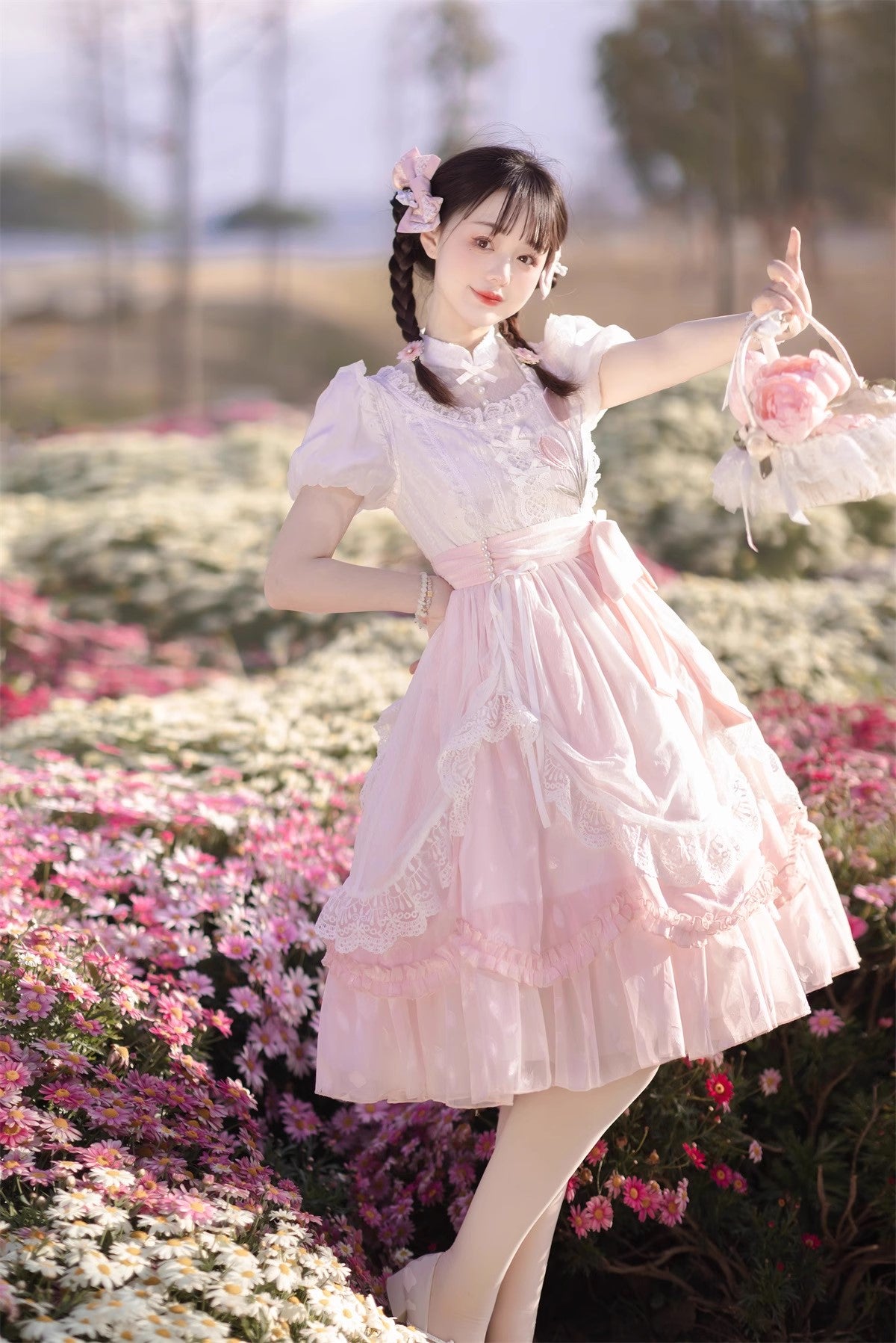 Tulip Princess Floral Flower Fairy Pink White Lace Bow Dollcore Puff Sleeve Dress