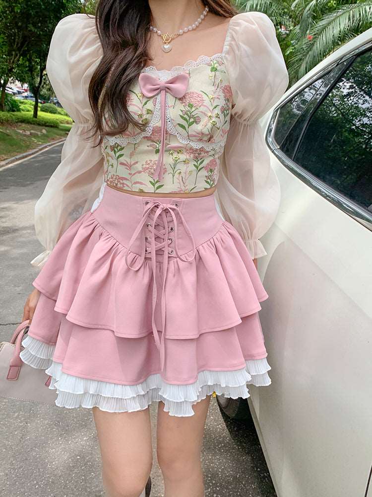 Sweet Vintage French Style Elegant Pink Flower Floral Long Sleeve Blouses Tops & Pink Skirts Two piece