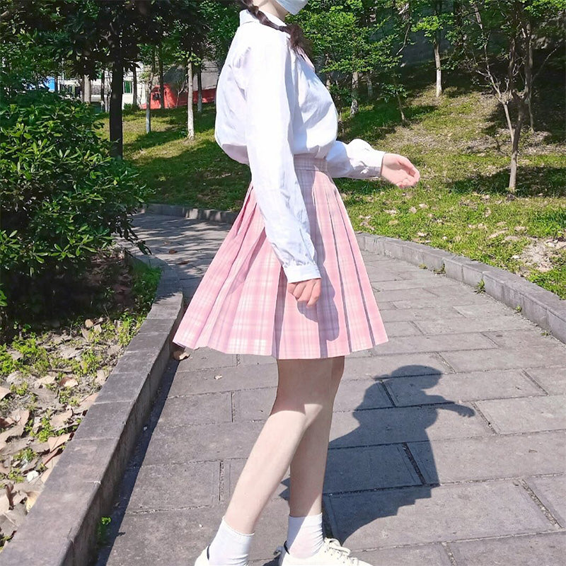 Plaid Pink Cherry Blossom Sakura Japanese Student Sailor Uniform Seifuku White Shirt & Skirt & Bow Tie Two Piece Set