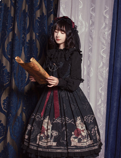 Universal Lolita Nightingale and Rose Birdcage Black Red Gothic Goth Girl Strap Dress