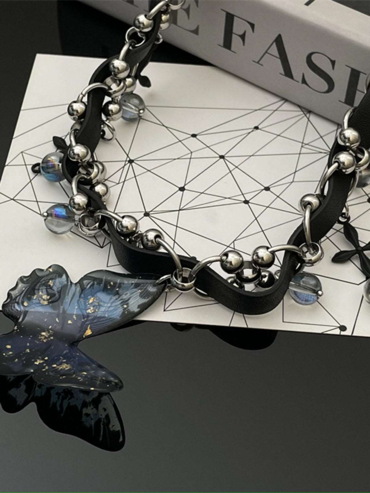 Blue Butterfly Pendant Black PU Leather Choker Necklace