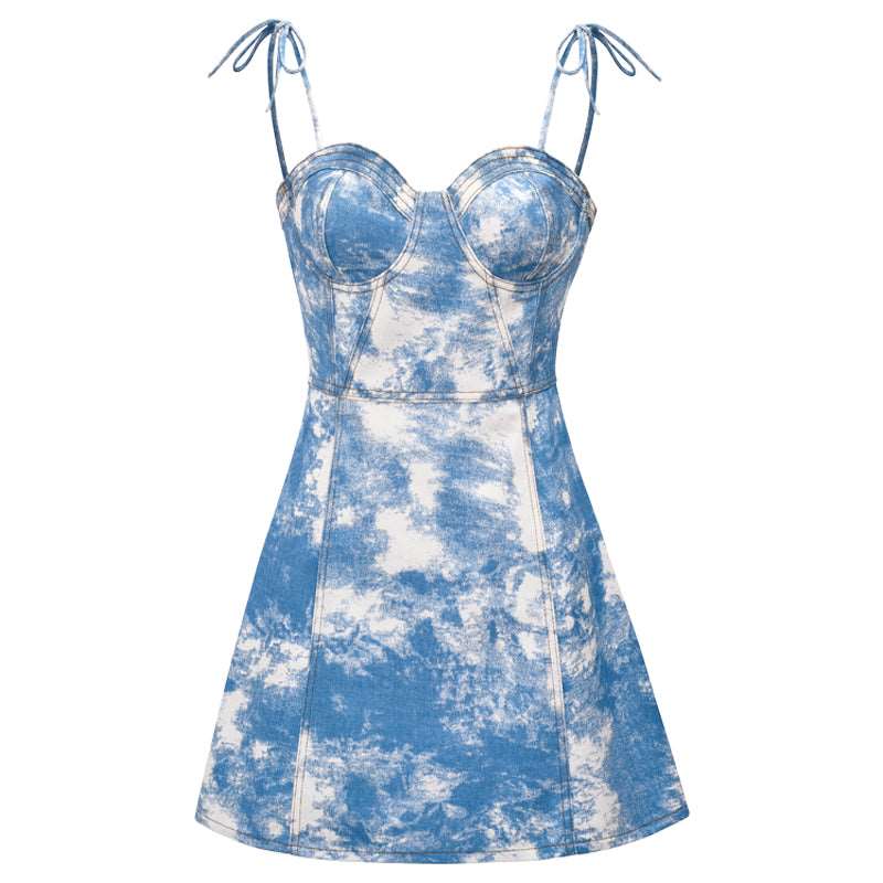 Blue Sky Cloud Tie-Dye Denim Bustier Dress