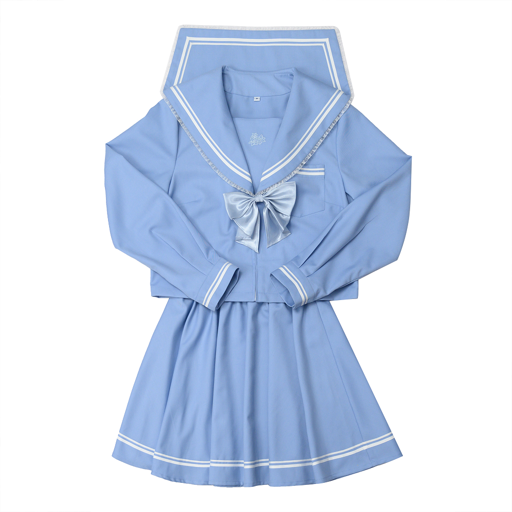 Plus Size Women Sky Blue Cute Japanese Student Sailor Uniform Seifuku Shirt & Skirt Two Piece Set