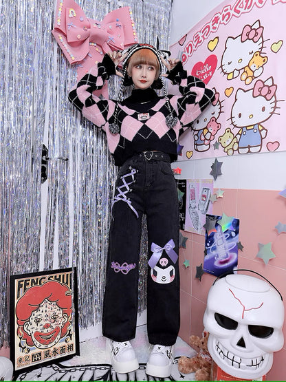 Purple Devil Japanese Harajuku Cute Kawaii Anime Girl Black High Waist Pants Trousers Denim Jeans