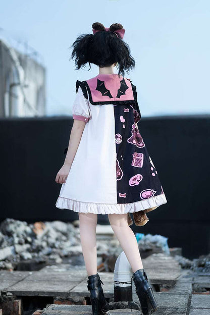 Black Pink White Teddy Bear Cross Sailor Collar Puff Sleeve Dress