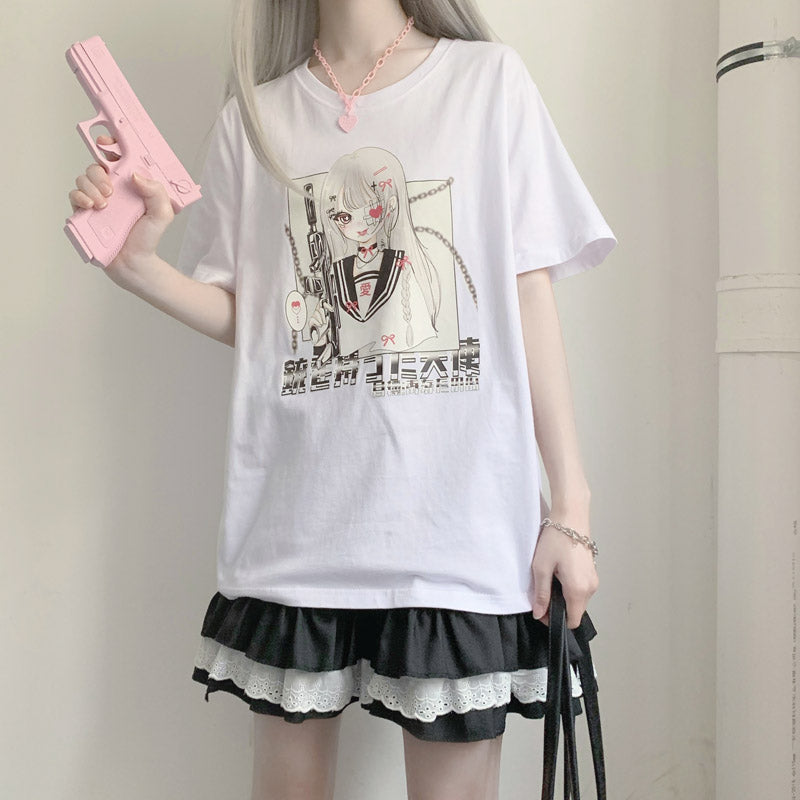 Angel Gunslinger Girl Black White Print Cotton Short Sleeved Oversize T-shirt