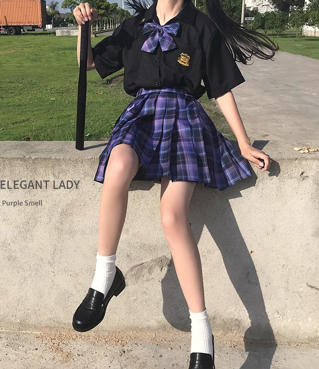 Mystery Dream Black Purple Plaid Pattern Japanese School Student Uniform Seifuku Mini Skirt