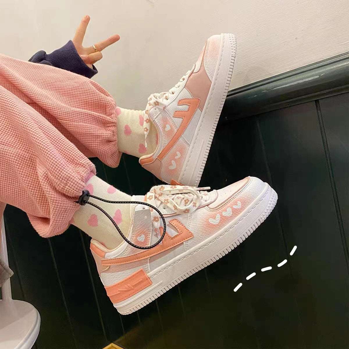 Coral Pink & White Little Mini Hearts Spring Summer Causal Girl Sweet Cute Women Sneakers Sports Running Shoes