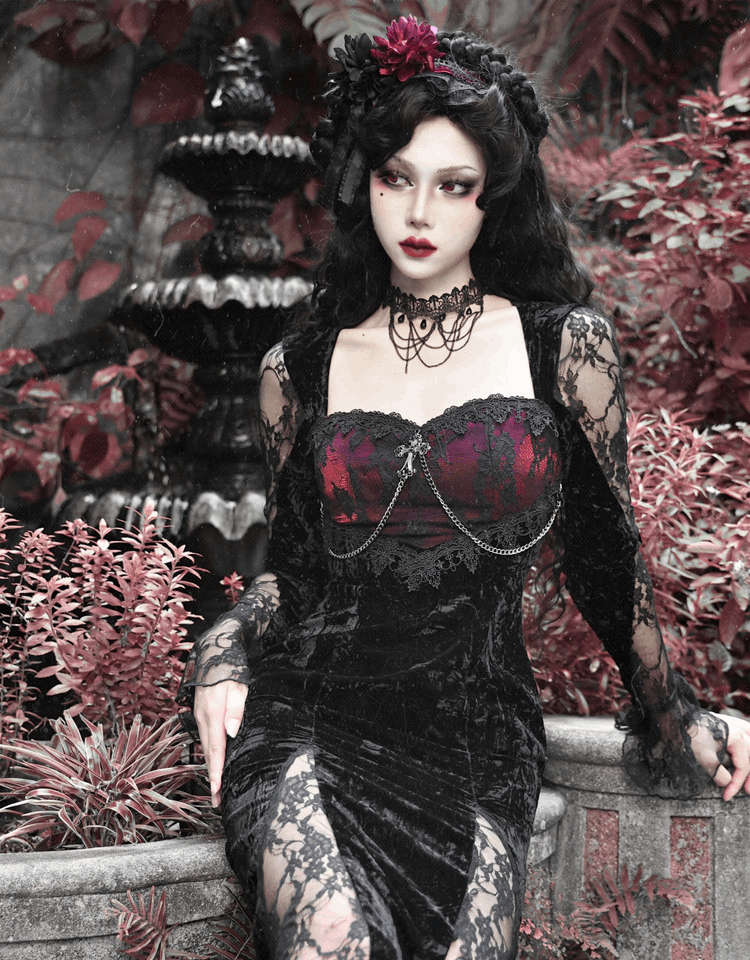 Blood Supply Dark Gothic Dream Rose Stitching Lace Velvet Fishtail Dress