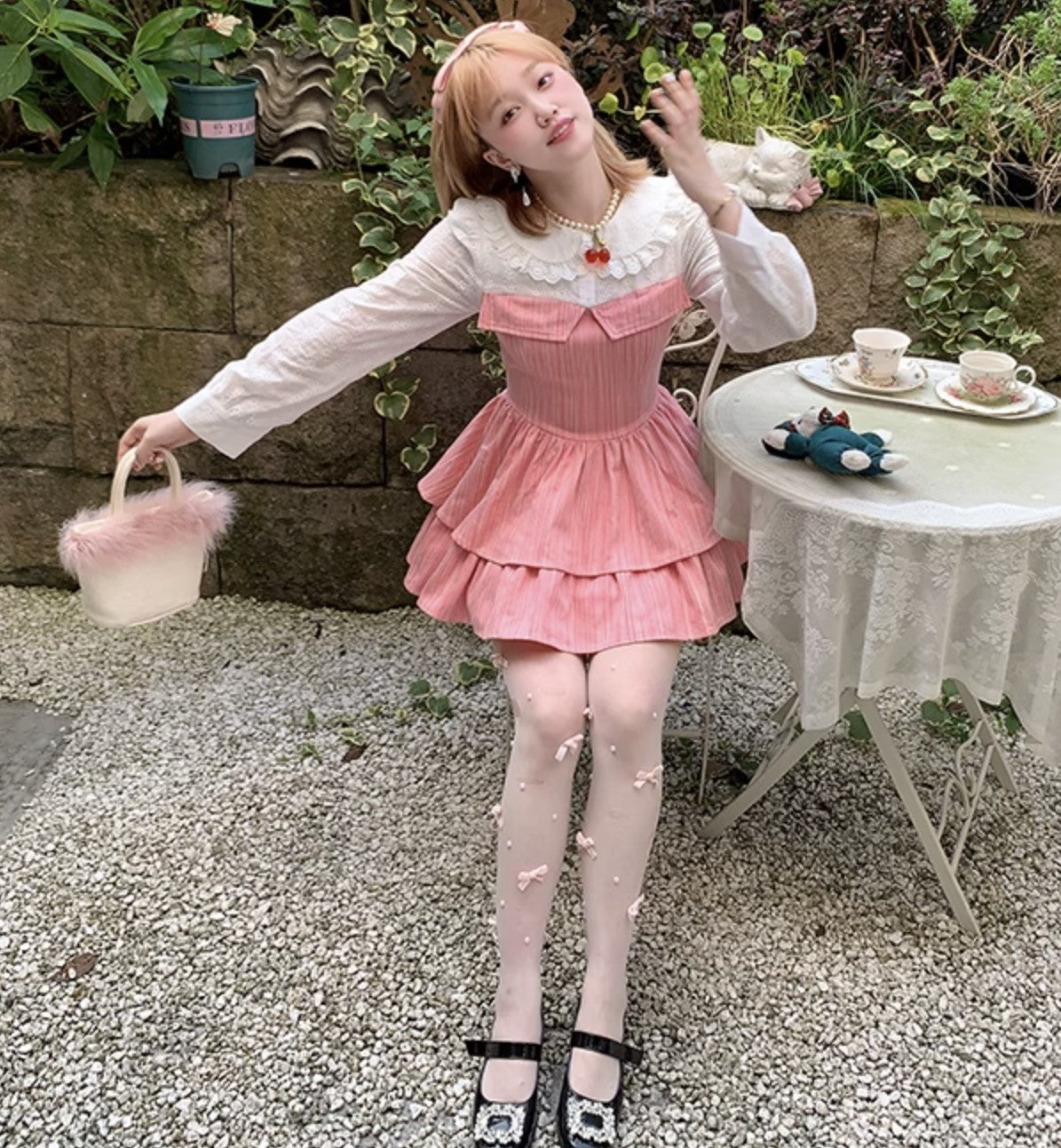 Picnic Girl Rose Pink Sweet Girl Dollcore Dress