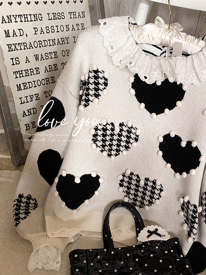 White Black Houndstooth Heart Vintage Japanese Style Retro Sweater