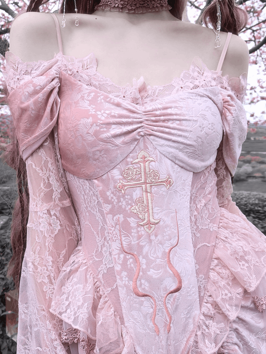 Blood Supply Guardian of Sakura Tress Gothic Lace Velvet Pink Cross Top Skirt Two Piece Set