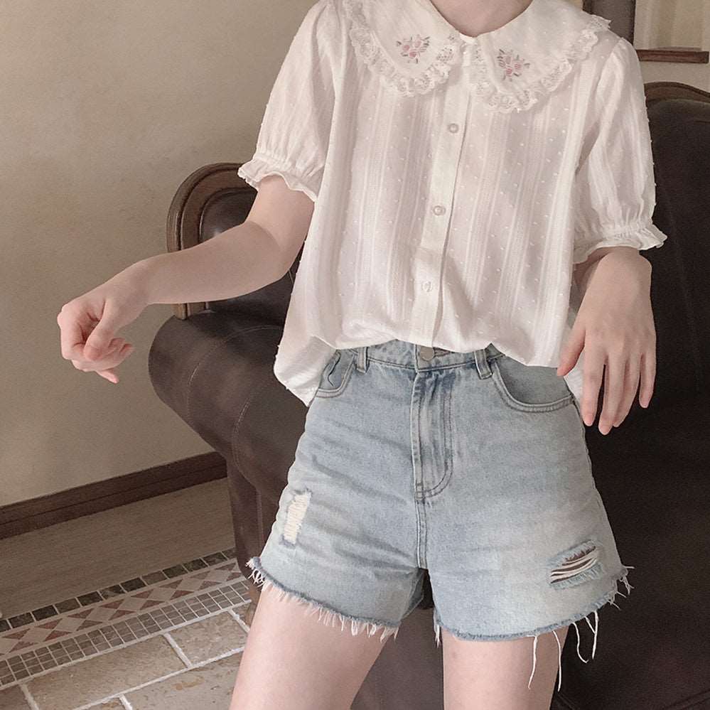 Spring Summer Vintage Day Girl Bouquet of Roses Embroidery Lace Cotton Doll Collar White Shirt Blouse