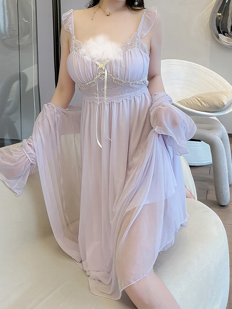 Sexy Delicate Fairy Lace See Through White Pink Purple Nightdress Robe