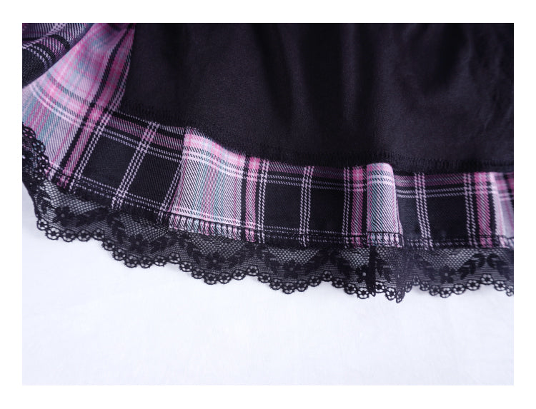 Punk Rock Girl Plaid Purple Black Lace Cake Short Mini Skirt