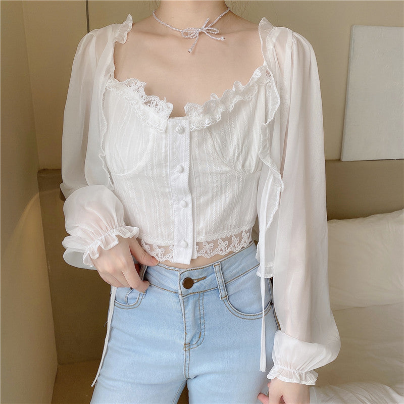 Fairy See Through White Cream Cardigan & Camisole Top Two Piece Set