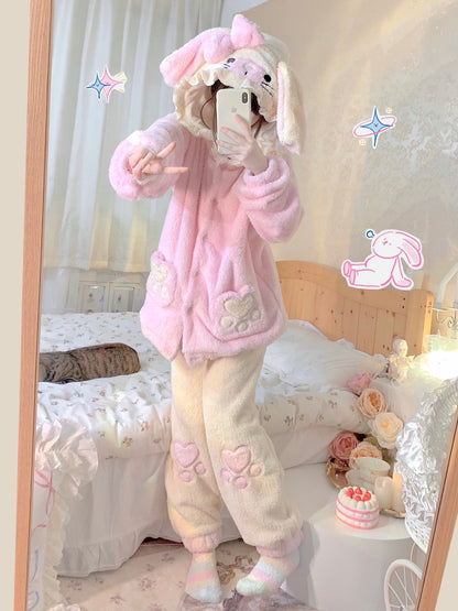 Rabbit Ears Hooded Pink & Brown Thick Warm Winter Bathrobe Nightgown Pajamas Set