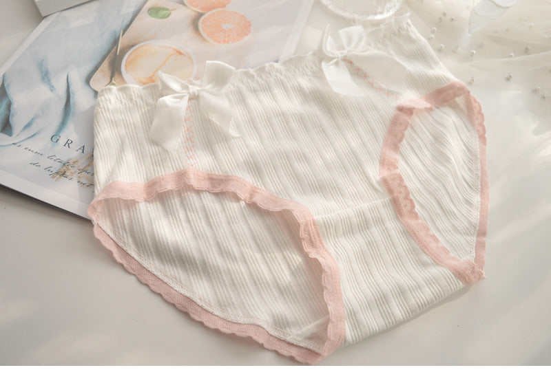 White & Pink Plaid Angel Sweet Bow Lace Cotton 5 Panties Underwear Set