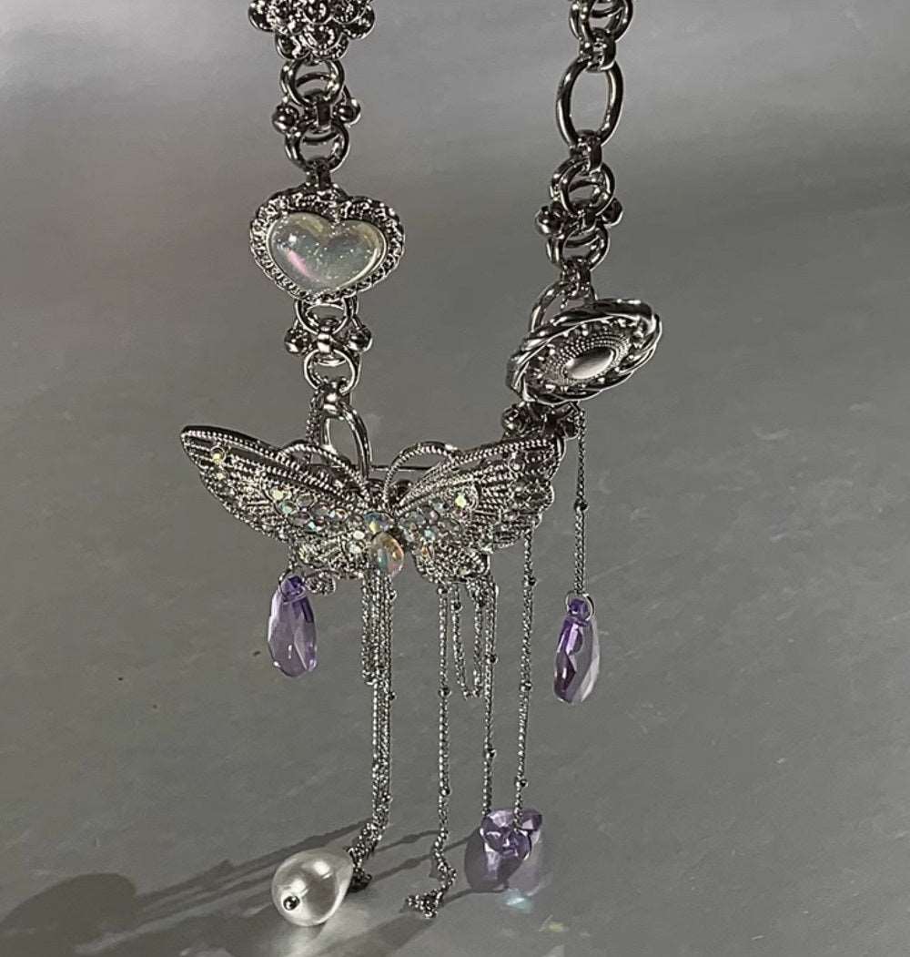 Baroque Style 3D Crystal Butterfly Tassel Chain Necklace