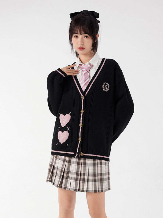 Black Pink Love Heart Emboidery School Girl Japanese Student Autumn Winter Cozy Comfy Knitted Cardigan