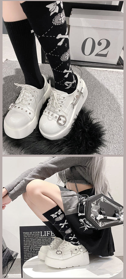 Transfer Student Punk Rock Gothic Black & White Platform Wedges Shoes