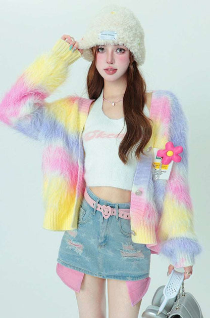 Bubblegum Rainbow Colorful Flower Y2K Spring V Neck Knit Cardigan