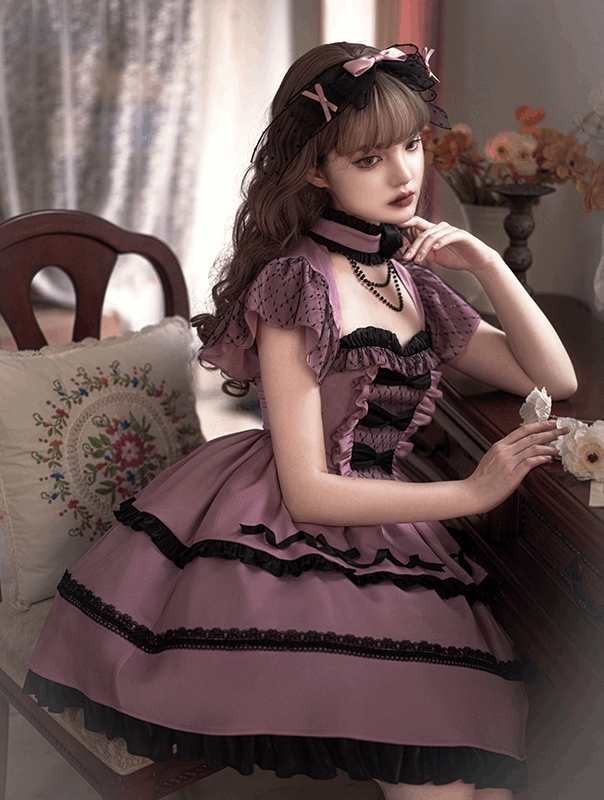 Coral Sea Purple Black Rose Regal Elegant Princess Lace Bow Dollcore Girl Dress