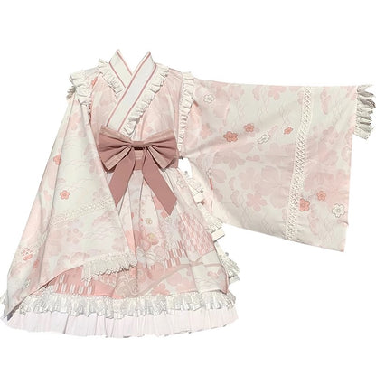 Japanese Alice Pink Sakura Cherry Blossom Kimono Maid Lace Cosplay Dress