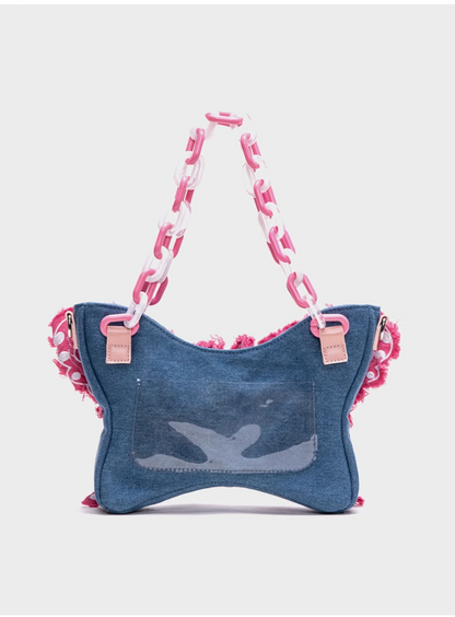 Y2K Pink Butterfly Denim Cute Sweet Chain Handbag Shoulder Messenger Bag