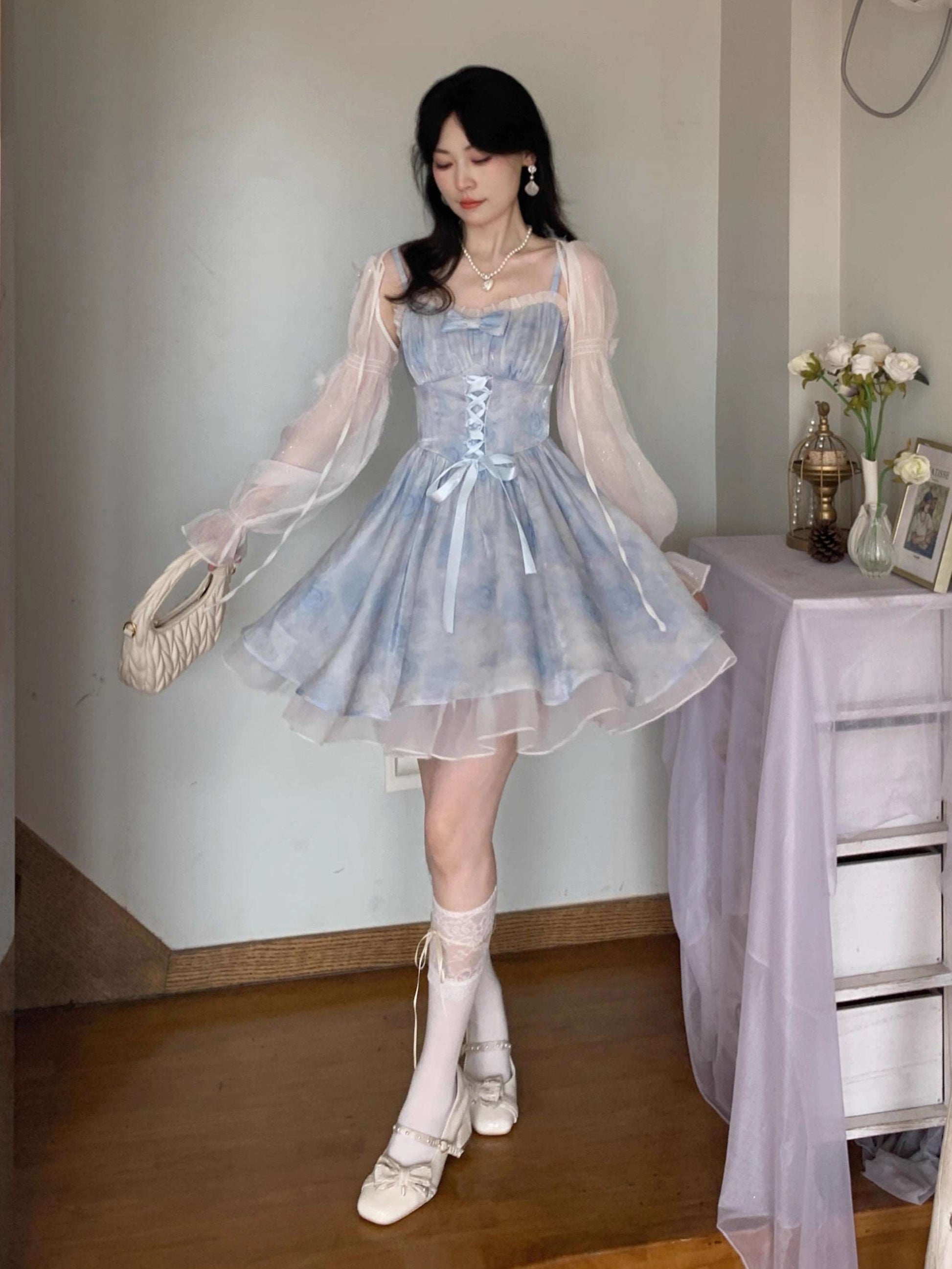 Blue Angel Sky Blue Magic Crystal Sweet Fairy Princess Bow Lace Spring Summer Strap Dress