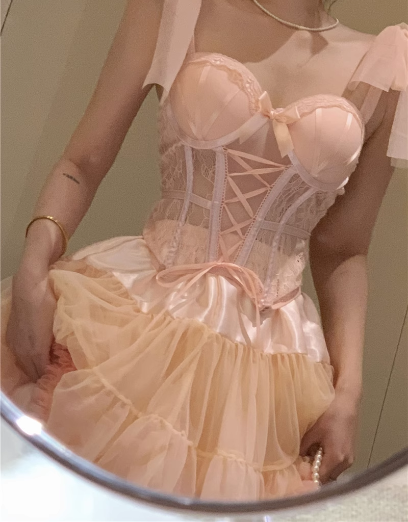 Sweet Pink Balletcore Girl Corset Bow Lace Camisole Top & Tulle Short Skirt Two piece Set