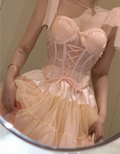 Sweet Pink Balletcore Girl Corset Bow Lace Camisole Top & Tulle Short Skirt Two piece Set