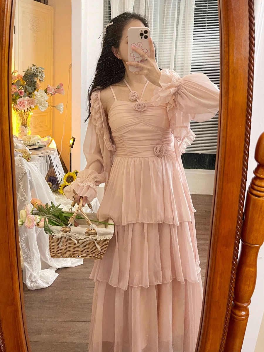 Ruellia Rose Pastel Pink Pantone Fairy Strap Chiffon Dress Sundress & Cardigan Two Piece Set