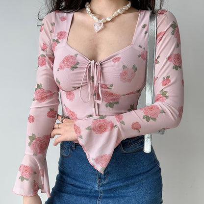 French Sweet Rose Print Bell Sleeve Square Neck Top Shirt