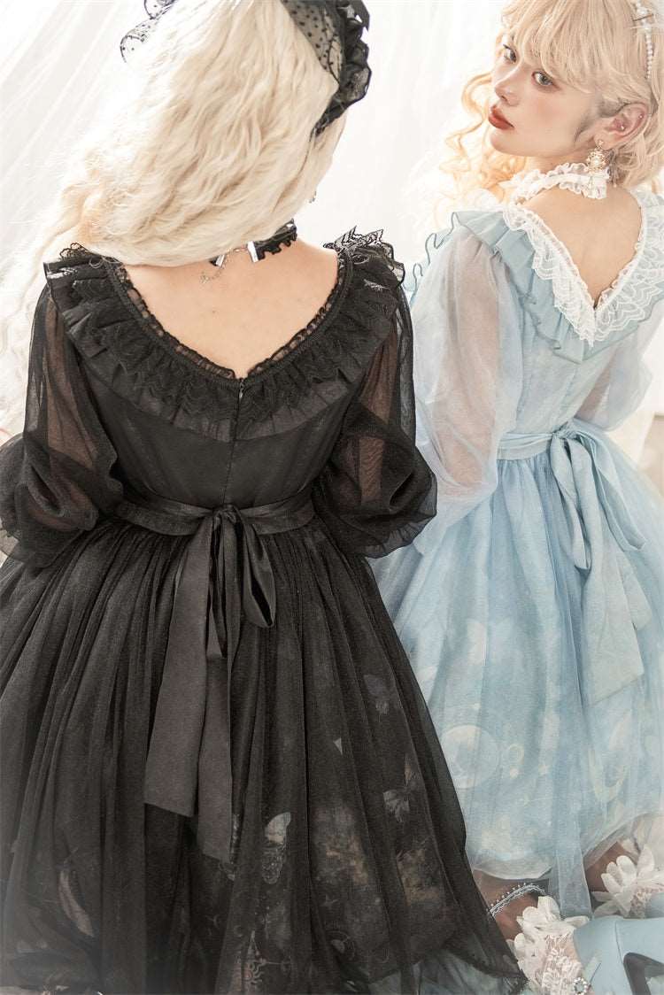 Butterfly Moon and Stars Planet Sky Blue & Midnight Black Short Sleeve Long Sleeve Dress