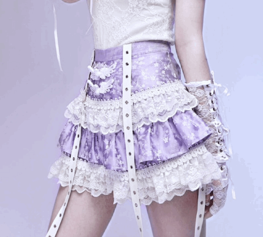 Blood Supply Salvation Gothic Punk Jacquard Buckle White Lace Lace Purple Short Cake Skirt