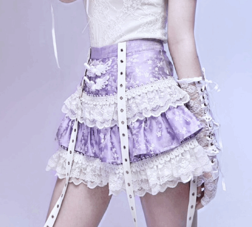 Blood Supply Salvation Gothic Punk Jacquard Buckle White Lace Lace Purple Short Cake Skirt