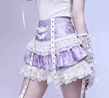 Blood Supply Salvation Gothic Punk Jacquard Buckle White Lace Lace Purple Short Cake Skirt