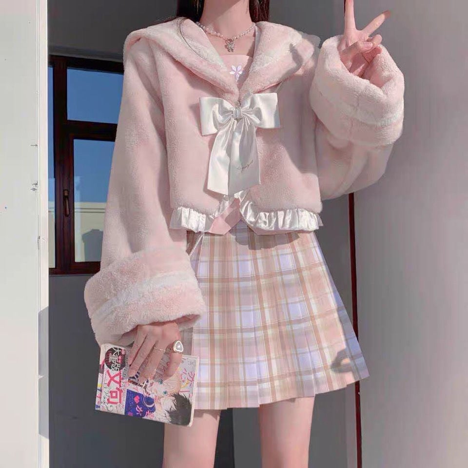 Sweet Sakura Lolita Pink & Black Navy Collar Plush Jacket Coat