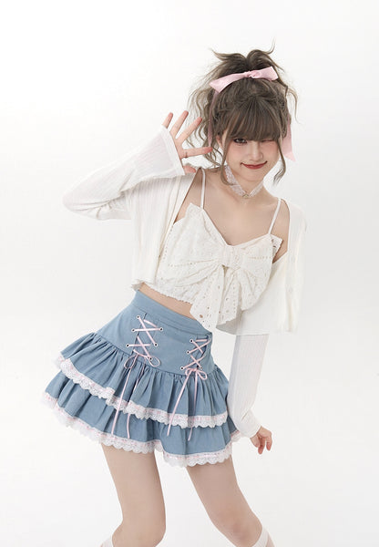 Denim Pink Lace High Waist Short Skirt