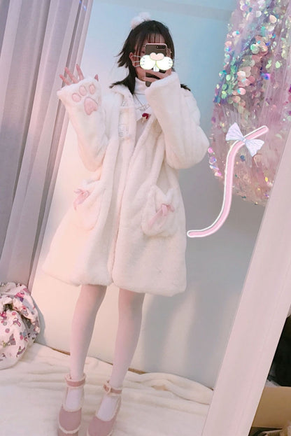 Soft Plush Velvet Cat Ear Pink Paw White Coat