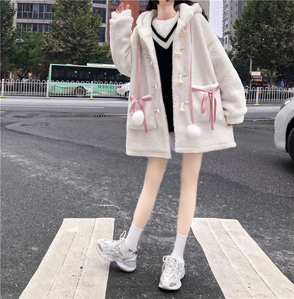 Cute Teddy Bear White Pink Autumn Winter Coat